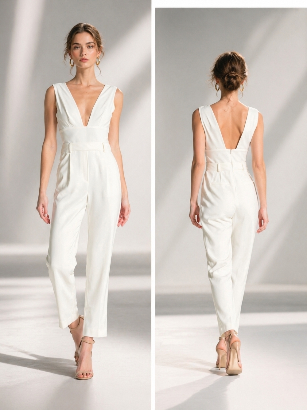 Reiss Ivory Deep V-Neck Sleeveless Jumpsuit